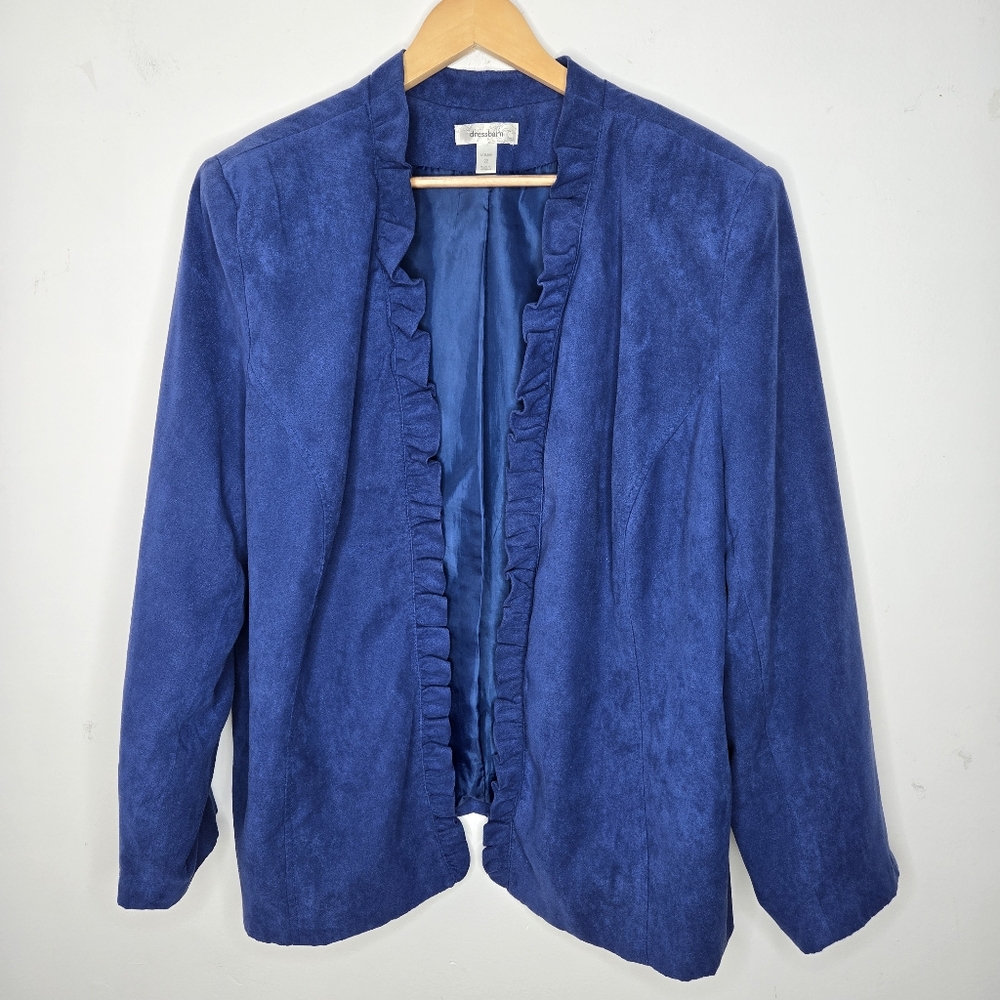 Vintage dressbarn Open Front Jacket Blue Ruffle Front Size 22 Microsuede Casual